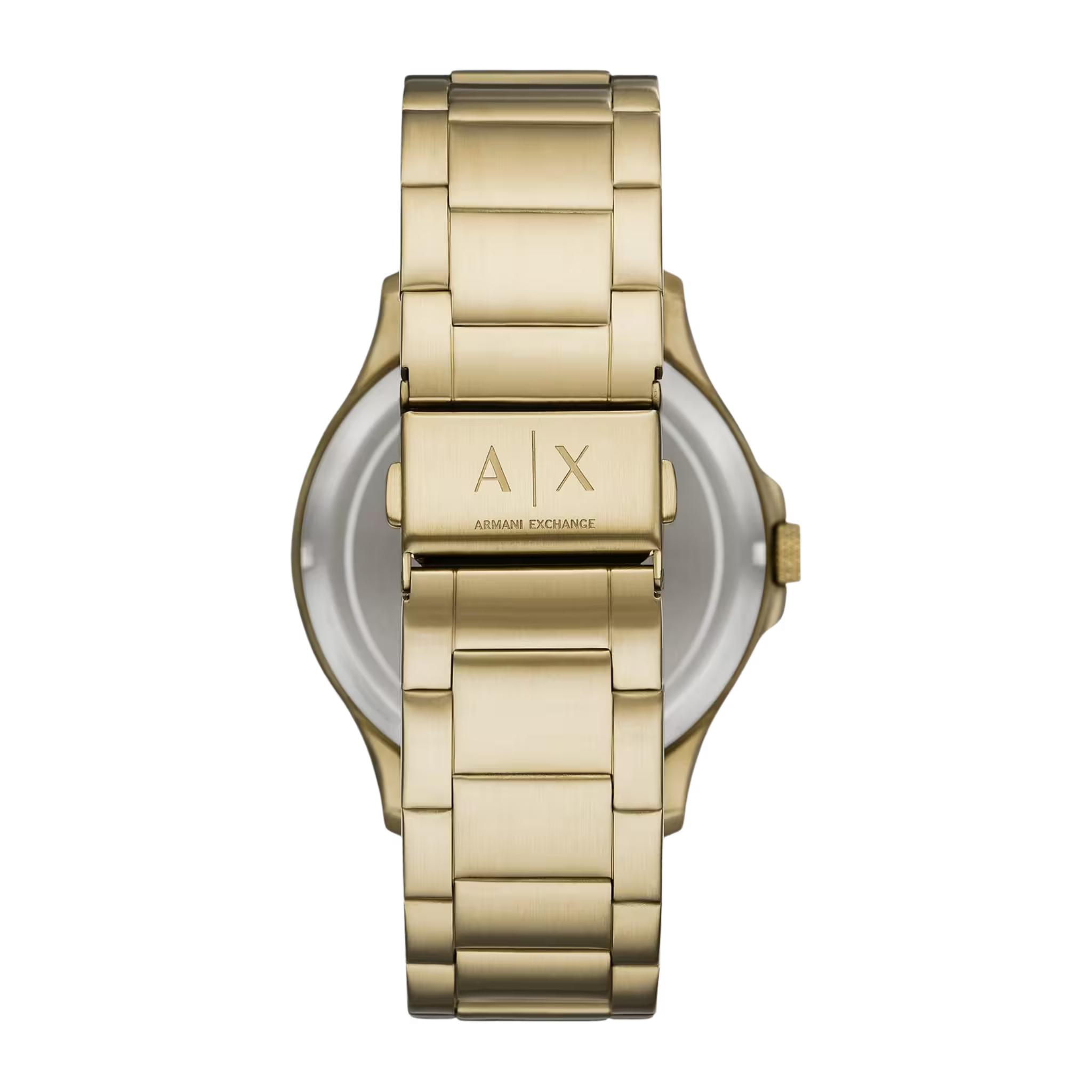 Goldenes Edelstahlarmband der Armani Exchange Herrenuhr mit gravierter AX-Faltschließe