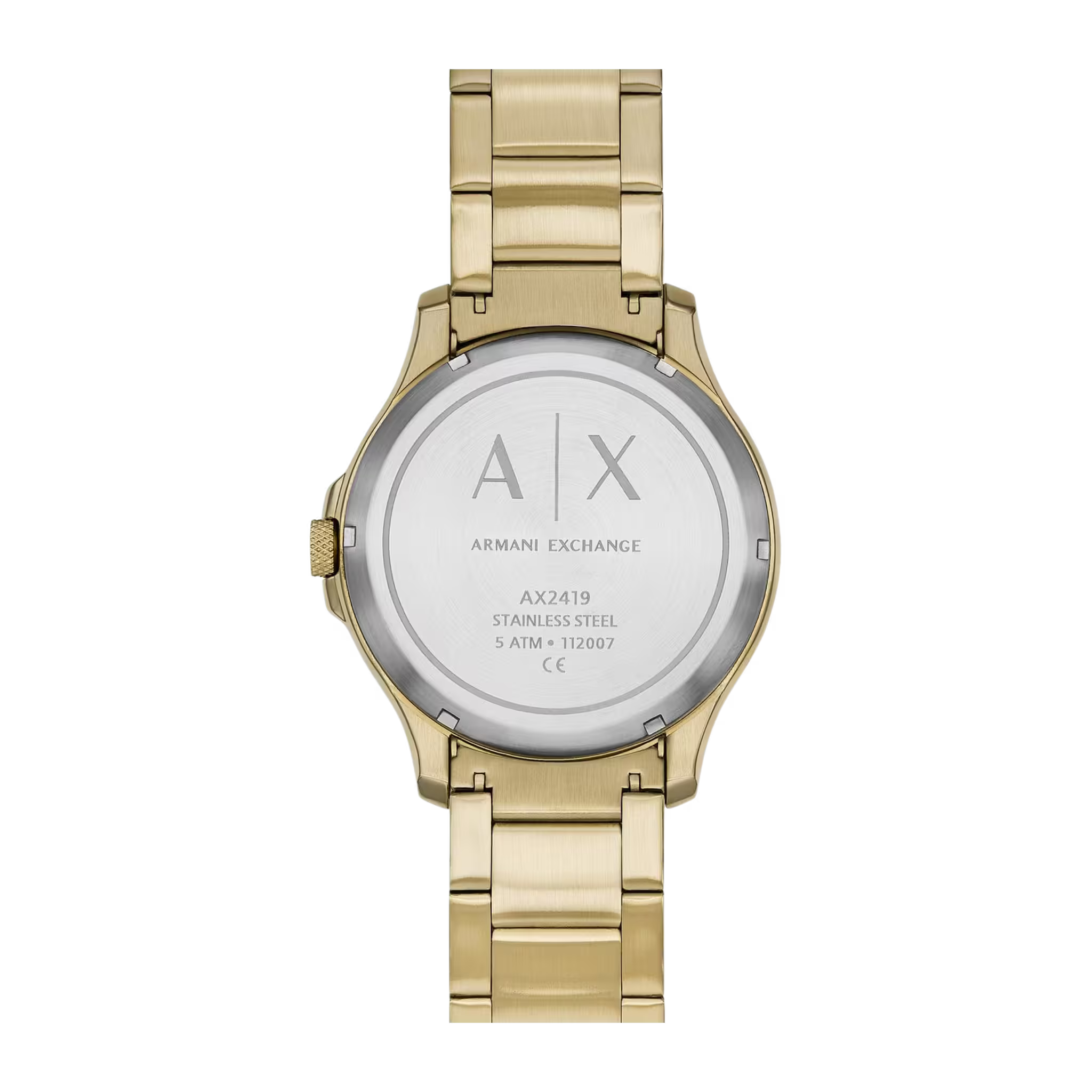 Rückseite der goldenen Armani Exchange Herrenuhr mit Edelstahlgehäuseboden und AX-Gravur