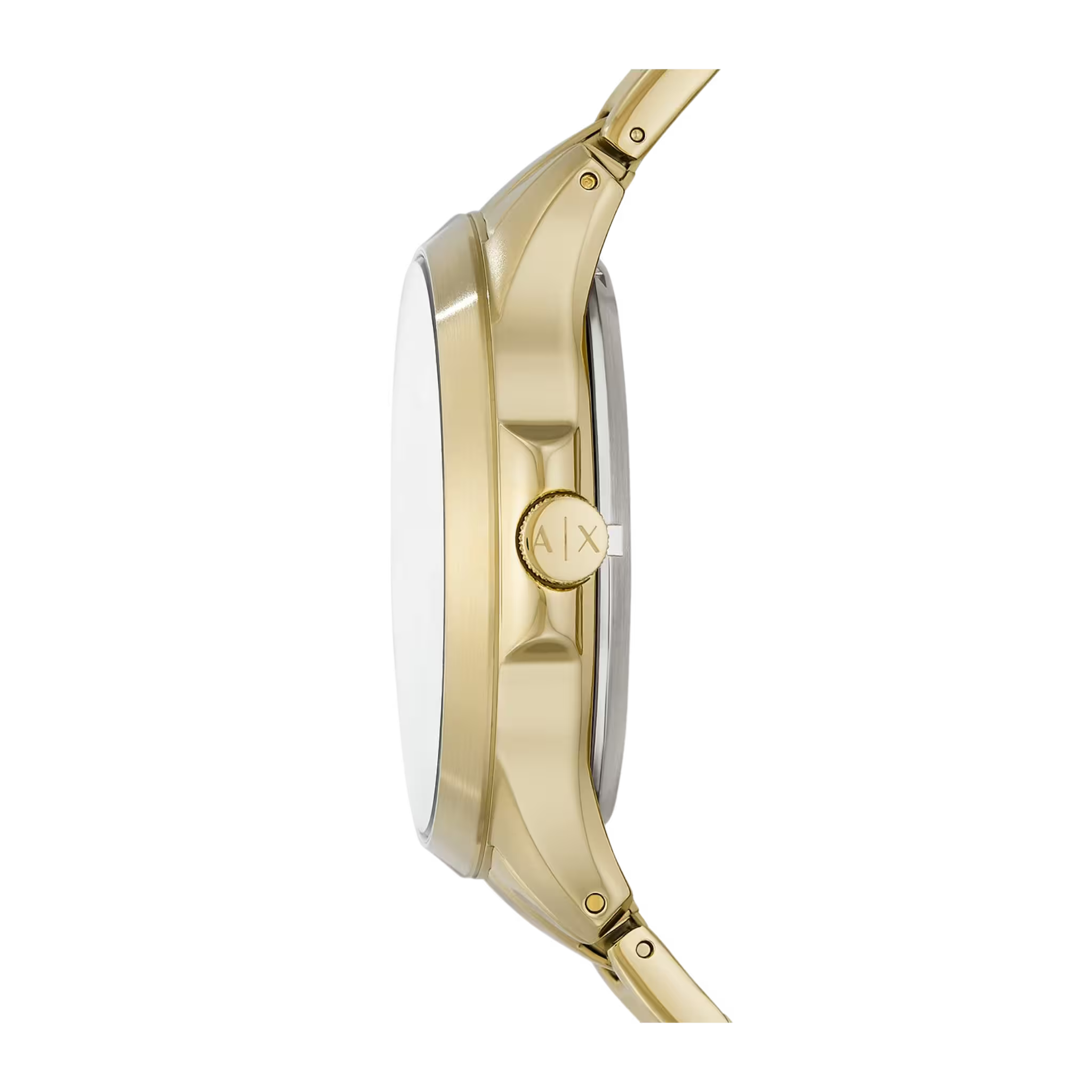 Seitenansicht der goldenen Armani Exchange Herrenuhr mit sichtbarer Krone und schlankem Edelstahlgehäuse
