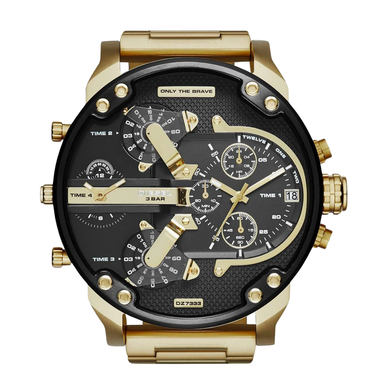 Diesel Herrenuhr Mr. Daddy 2.0 DZ7333 in Gold mit schwarzem Zifferblatt – große Chronographen-Uhr mit vier Zeitzonen und markantem Design