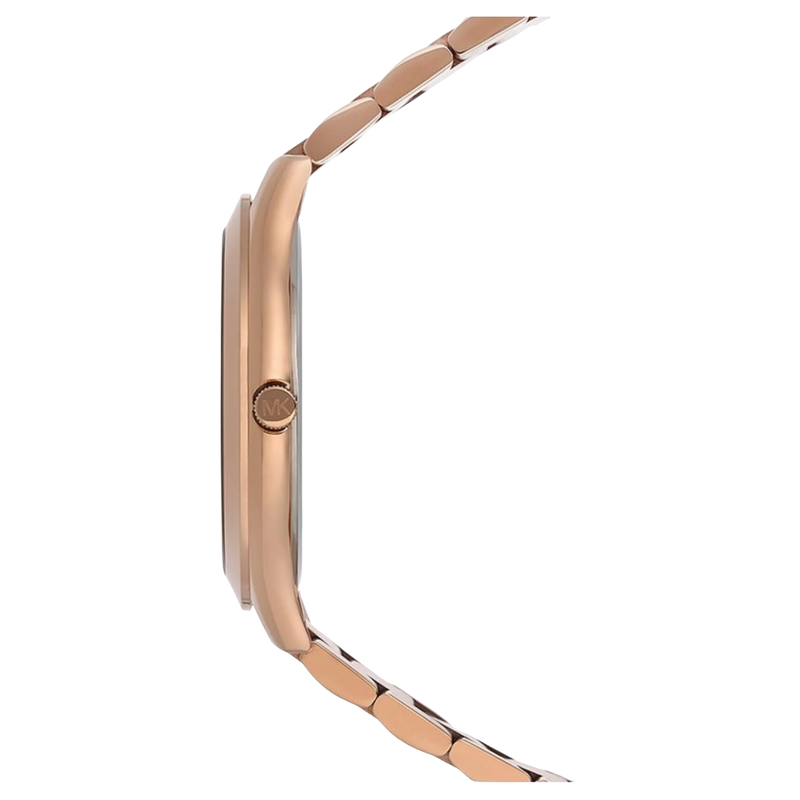 Seitenansicht des roségoldenen Edelstahlarmbands der Michael Kors Runway Slim MK3197 Damenuhr