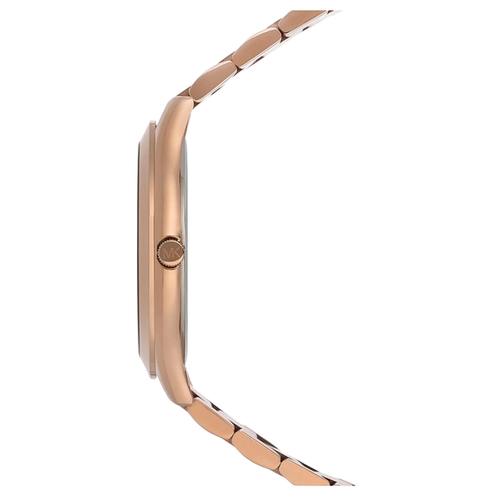 Seitenansicht des roségoldenen Edelstahlarmbands der Michael Kors Runway Slim MK3197 Damenuhr