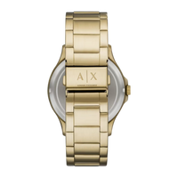Goldenes Edelstahlarmband der Armani Exchange Herrenuhr mit gravierter AX-Faltschließe