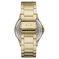 Goldenes Edelstahlarmband der Armani Exchange Herrenuhr mit gravierter AX-Faltschließe