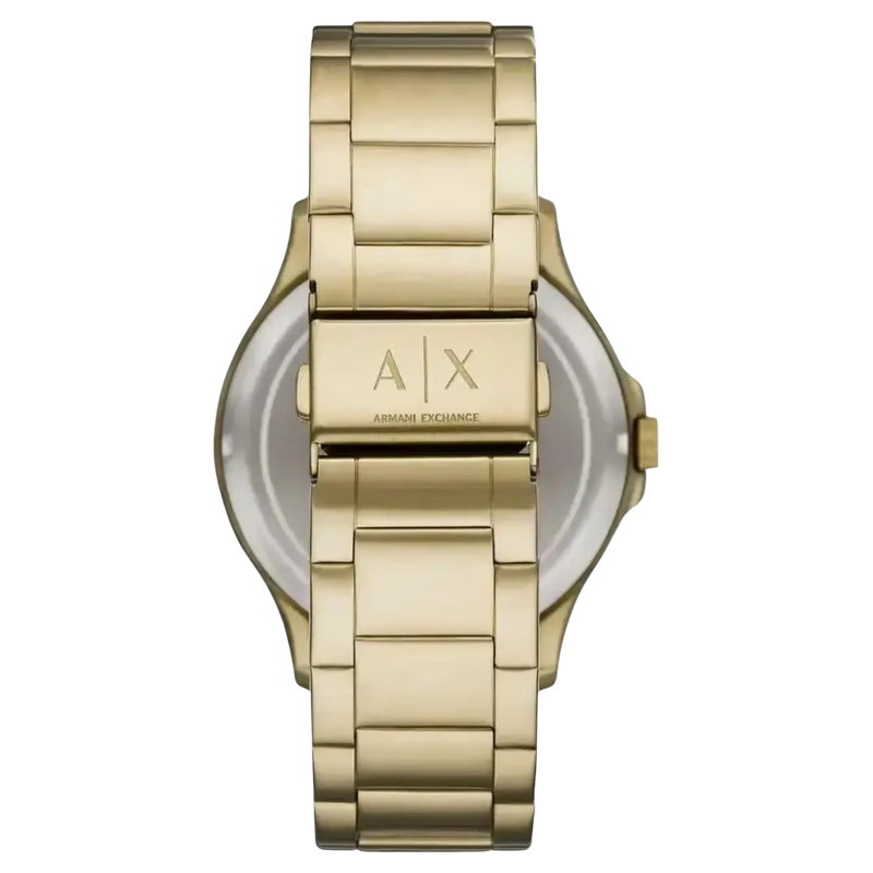 Goldenes Edelstahlarmband der Armani Exchange Herrenuhr mit gravierter AX-Faltschließe