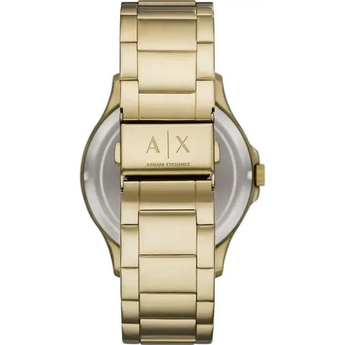 Goldenes Edelstahlarmband der Armani Exchange Herrenuhr mit gravierter AX-Faltschließe
