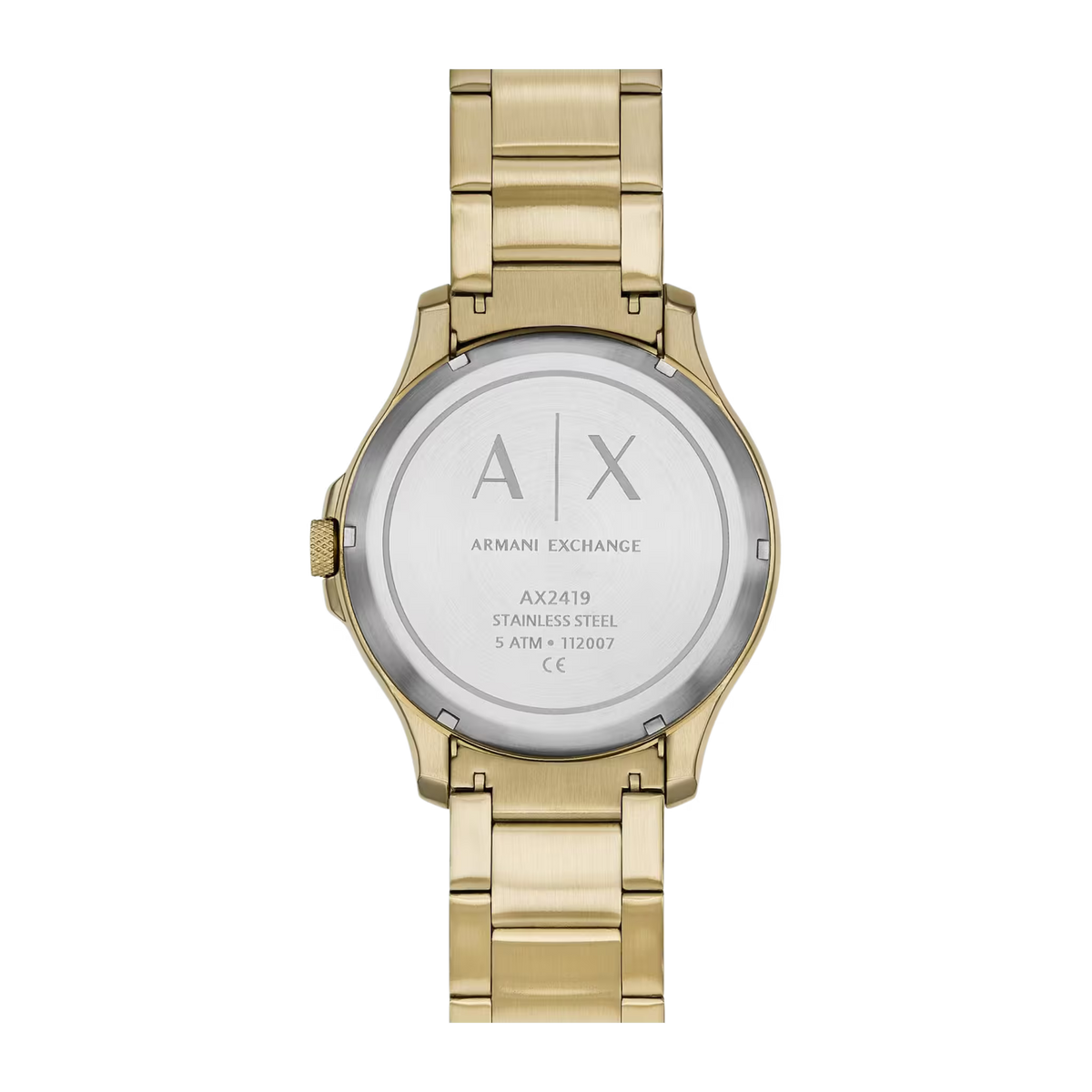 Rückseite der goldenen Armani Exchange Herrenuhr mit Edelstahlgehäuseboden und AX-Gravur