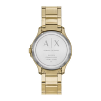 Rückseite der goldenen Armani Exchange Herrenuhr mit Edelstahlgehäuseboden und AX-Gravur