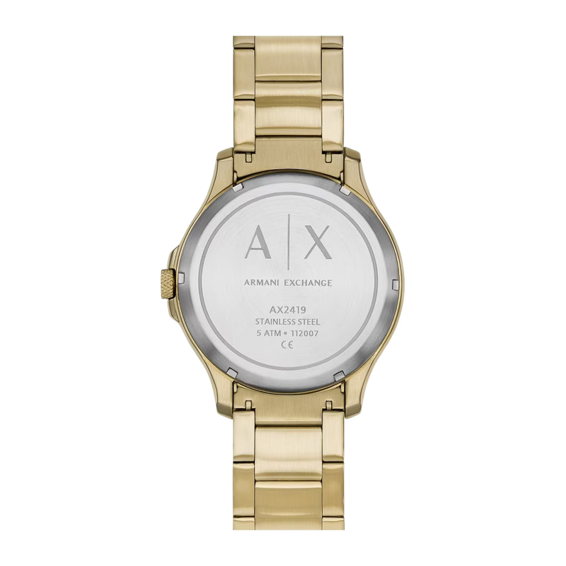 Rückseite der goldenen Armani Exchange Herrenuhr mit Edelstahlgehäuseboden und AX-Gravur
