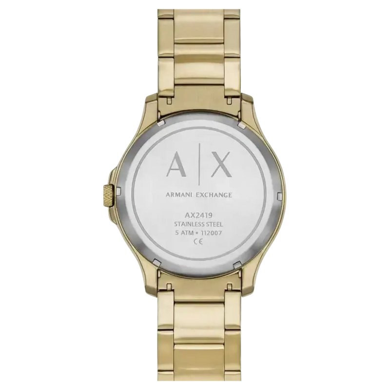 Rückseite der goldenen Armani Exchange Herrenuhr mit Edelstahlgehäuseboden und AX-Gravur
