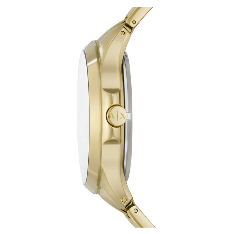 Seitenansicht der goldenen Armani Exchange Herrenuhr mit sichtbarer Krone und schlankem Edelstahlgehäuse