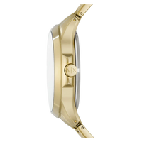 Seitenansicht der goldenen Armani Exchange Herrenuhr mit sichtbarer Krone und schlankem Edelstahlgehäuse