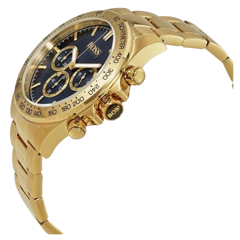 Seitenansicht der BOSS Herrenuhr 1513340 Chronograph in Gold mit Edelstahlgehäuse