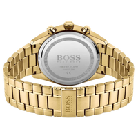 Rückseite der BOSS Chronograph Herrenuhr 1513848 mit goldfarbenem Edelstahlgehäuseboden