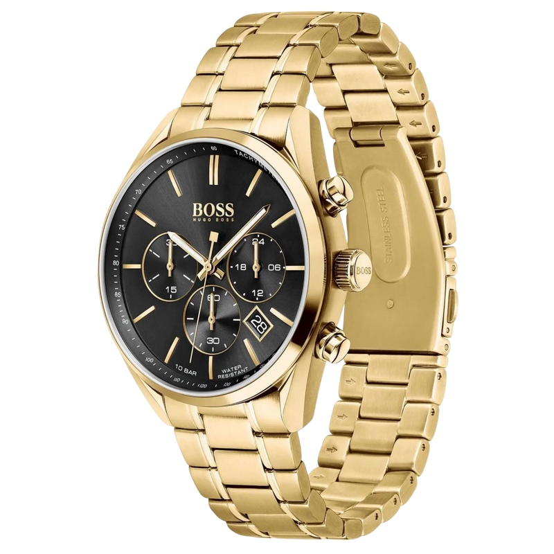 Schrägansicht der BOSS Chronograph Herrenuhr 1513848 in Gold mit Edelstahlgehäuse und Metallarmband