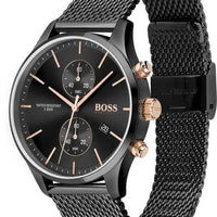 Frontansicht der Hugo Boss Associate 1513811 Herrenuhr mit schwarzem Edelstahl-Mesharmband, Chronograph und roségoldenen Details
 - Bild 3