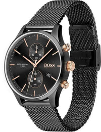 Frontansicht der Hugo Boss Associate 1513811 Herrenuhr mit schwarzem Edelstahl-Mesharmband, Chronograph und roségoldenen Details
