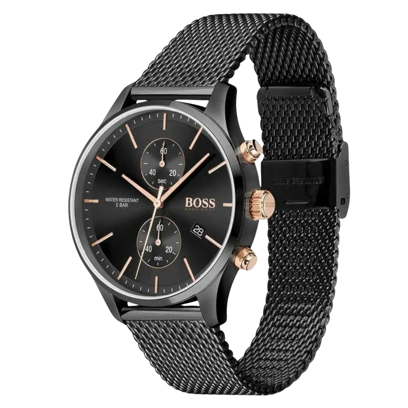 Frontansicht der Hugo Boss Associate 1513811 Herrenuhr mit schwarzem Edelstahl-Mesharmband, Chronograph und roségoldenen Details
