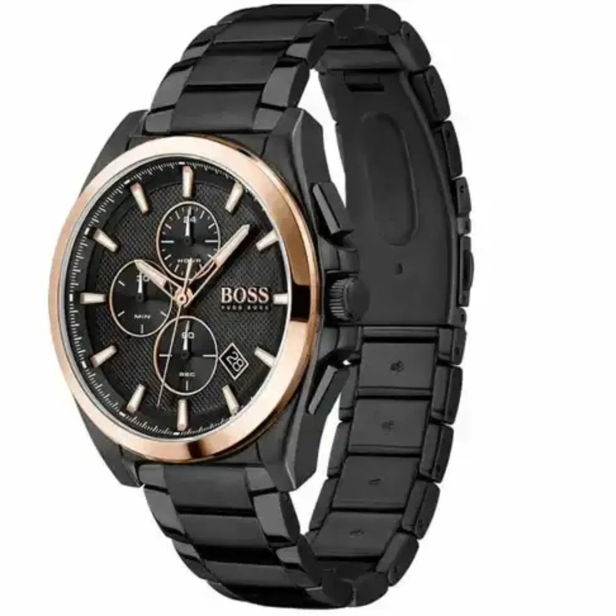 Hugo Boss 1513885 schwarze Herrenuhr mit roségoldenem Gehäuse – Vorderansicht mit Edelstahlarmband