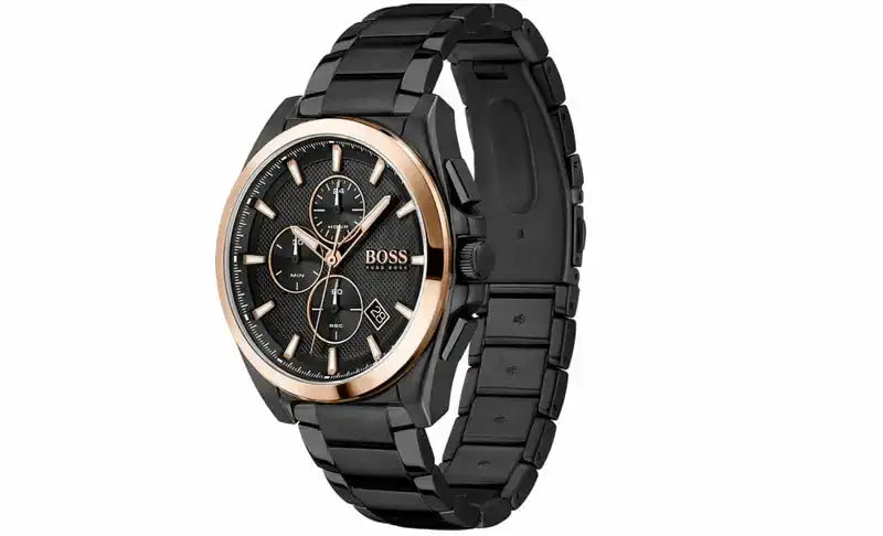 Hugo Boss 1513885 schwarze Herrenuhr mit roségoldenem Gehäuse – Vorderansicht mit Edelstahlarmband