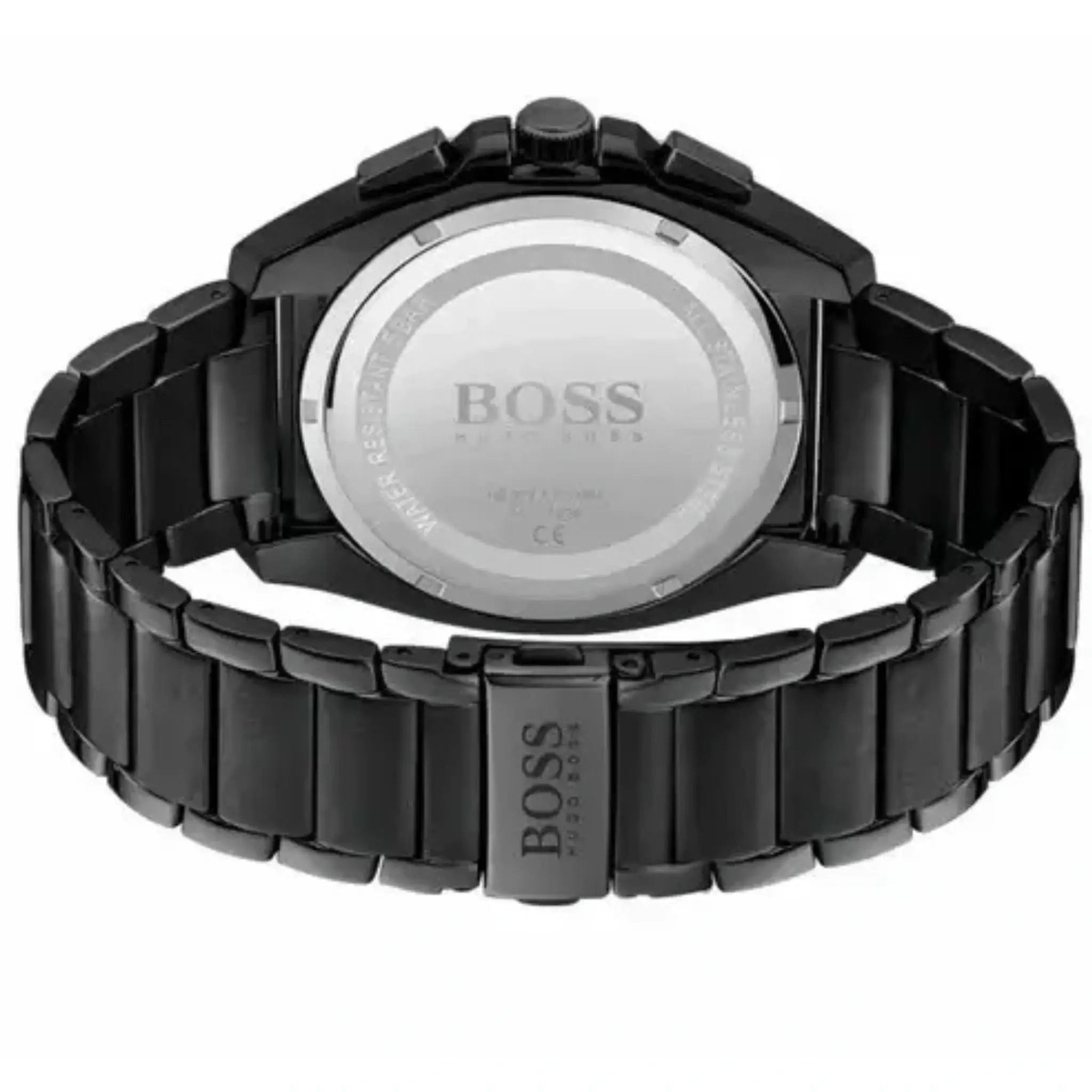 Hugo Boss 1513885 schwarze Herrenuhr – Rückseite mit Edelstahlarmband und BOSS-Schließe
