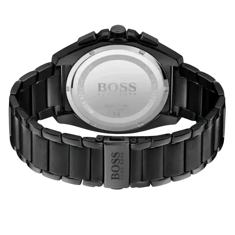 Hugo Boss 1513885 schwarze Herrenuhr – Rückseite mit Edelstahlarmband und BOSS-Schließe