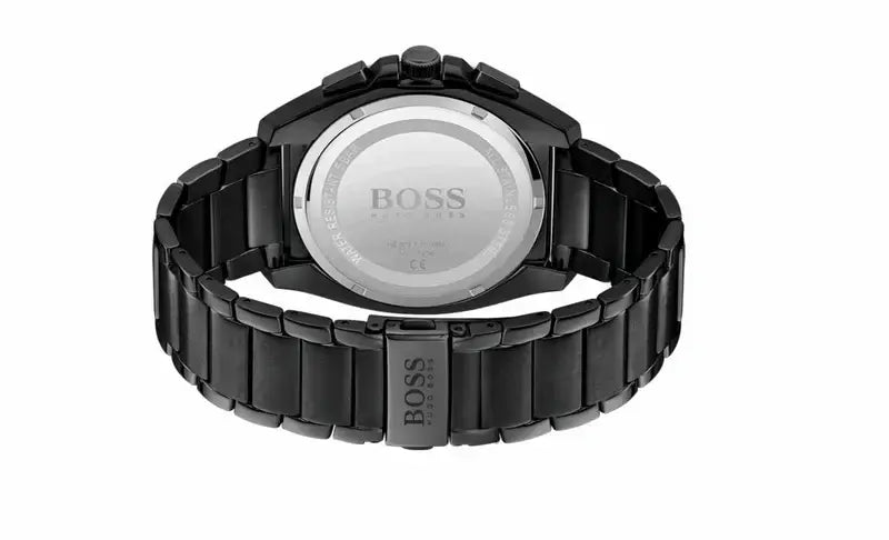 Hugo Boss 1513885 schwarze Herrenuhr – Rückseite mit Edelstahlarmband und BOSS-Schließe