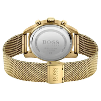 Rückansicht des goldenen Hugo Boss Chronographen mit Edelstahlgehäuse und goldfarbenem Mesharmband