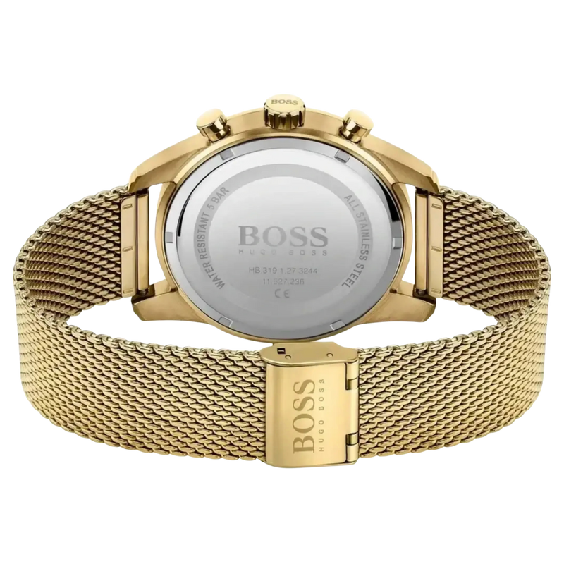Rückansicht des goldenen Hugo Boss Chronographen mit Edelstahlgehäuse und goldfarbenem Mesharmband