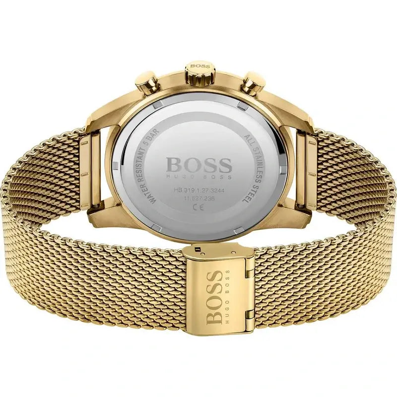 Rückansicht des goldenen Hugo Boss Chronographen mit Edelstahlgehäuse und goldfarbenem Mesharmband