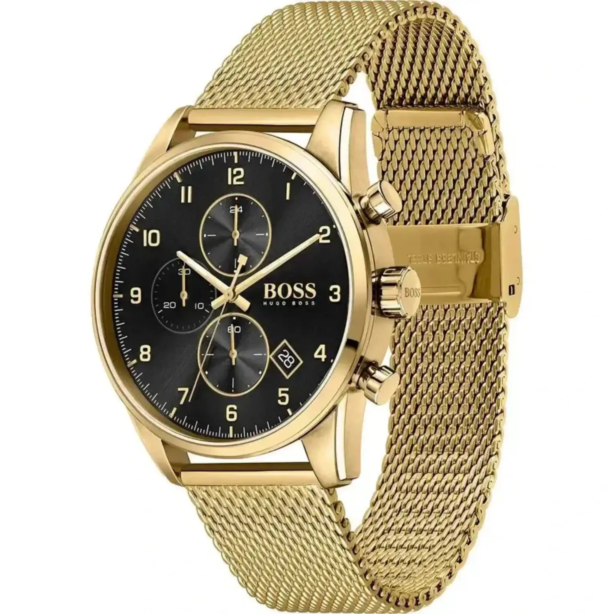Schrägansicht der BOSS Chronograph Herrenuhr 1513838 in Gold mit Edelstahlgehäuse