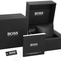 Schwarze Hugo Boss Uhrenbox mit Kissen, Bedienungsanleitung und Etikett – komplette Verpackung für Hugo Boss Herrenuhren
 - Bild 2