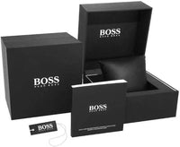 Schwarze Hugo Boss Uhrenbox mit Kissen, Bedienungsanleitung und Etikett – komplette Verpackung für Hugo Boss Herrenuhren
