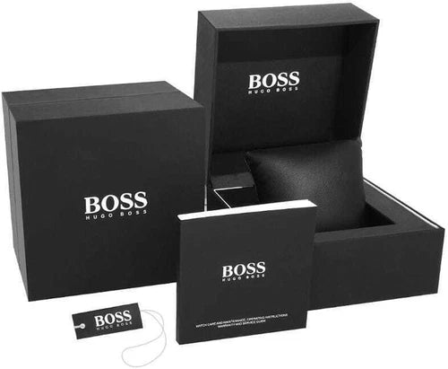 Schwarze Hugo Boss Uhrenbox mit Kissen, Bedienungsanleitung und Etikett – komplette Verpackung für Hugo Boss Herrenuhren
