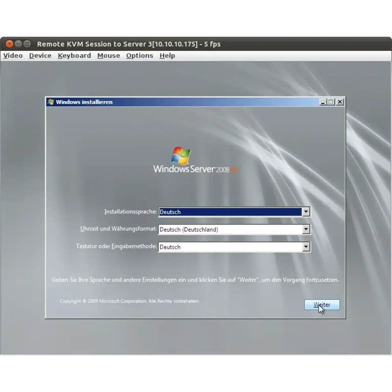 Screenshot der Windows Server 2008 R2 Installation mit Auswahl der Sprache, Tastatur und Region auf Deutsch

