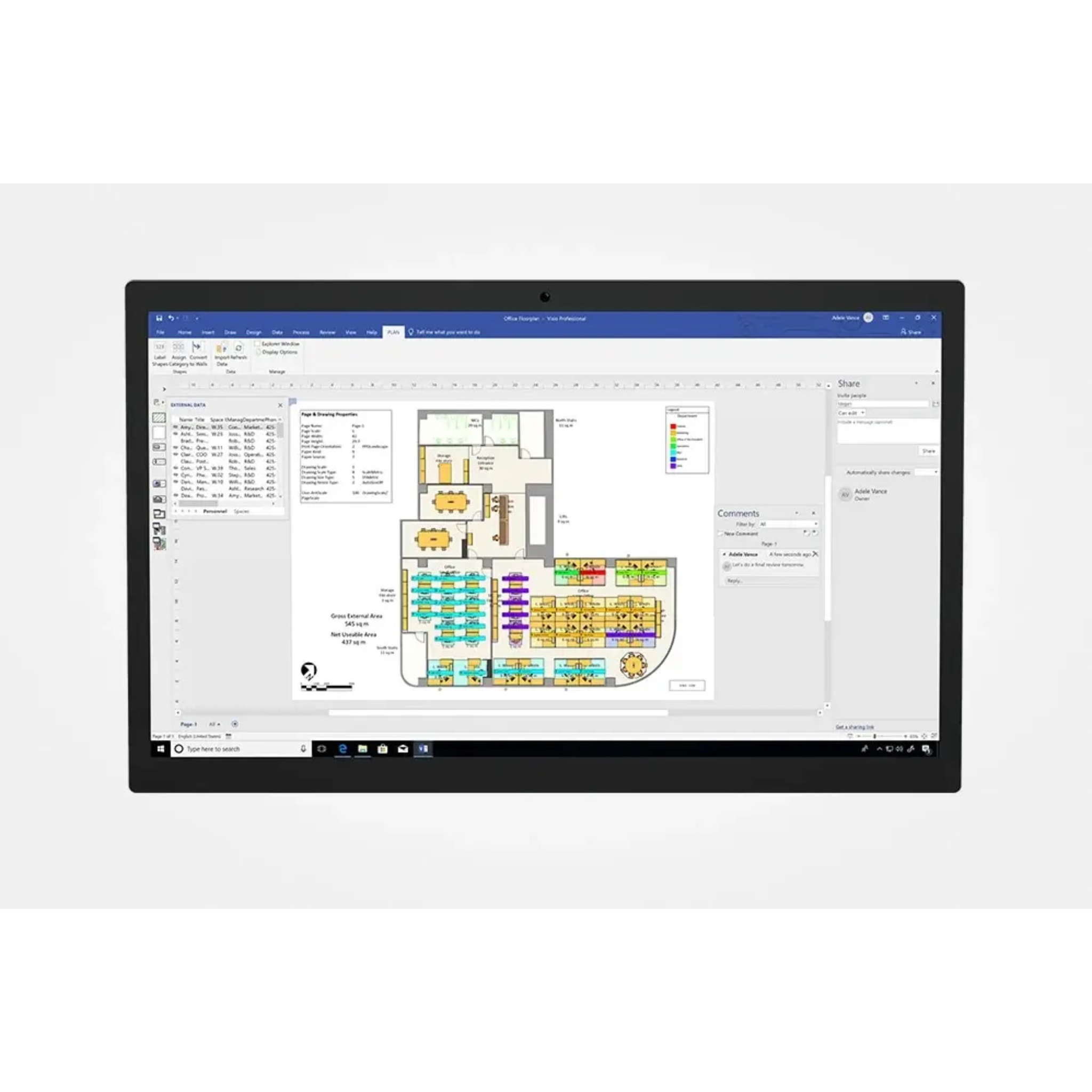 Diagrammeditor von Microsoft Visio 2021 Professional mit einer detaillierten Grundriss- und Raumplan-Visualisierung auf dem Desktop.
