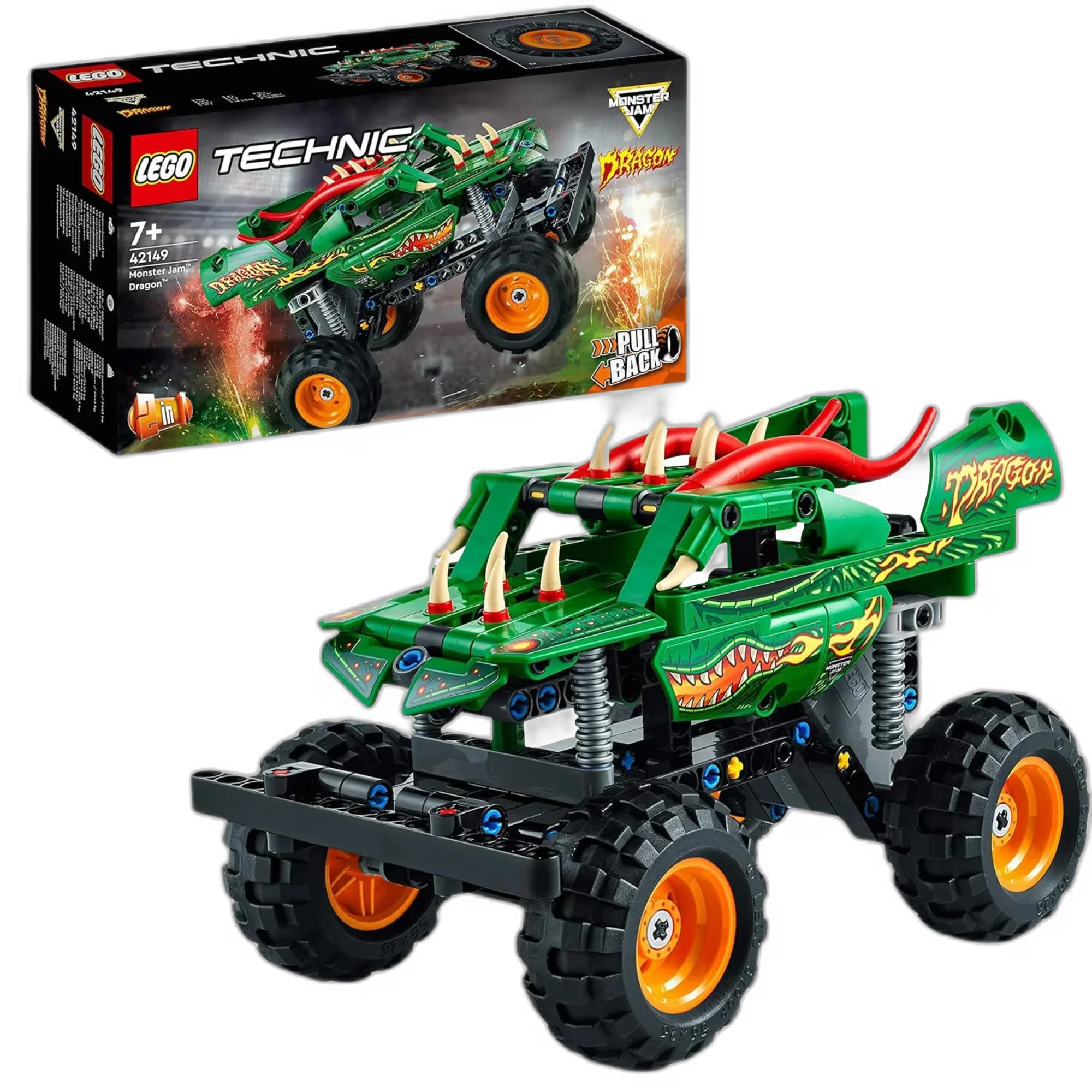 LEGO Technic Monster Jam Dragon 42149 – grüner Monstertruck zum Bauen mit Offroad-Reifen und Box