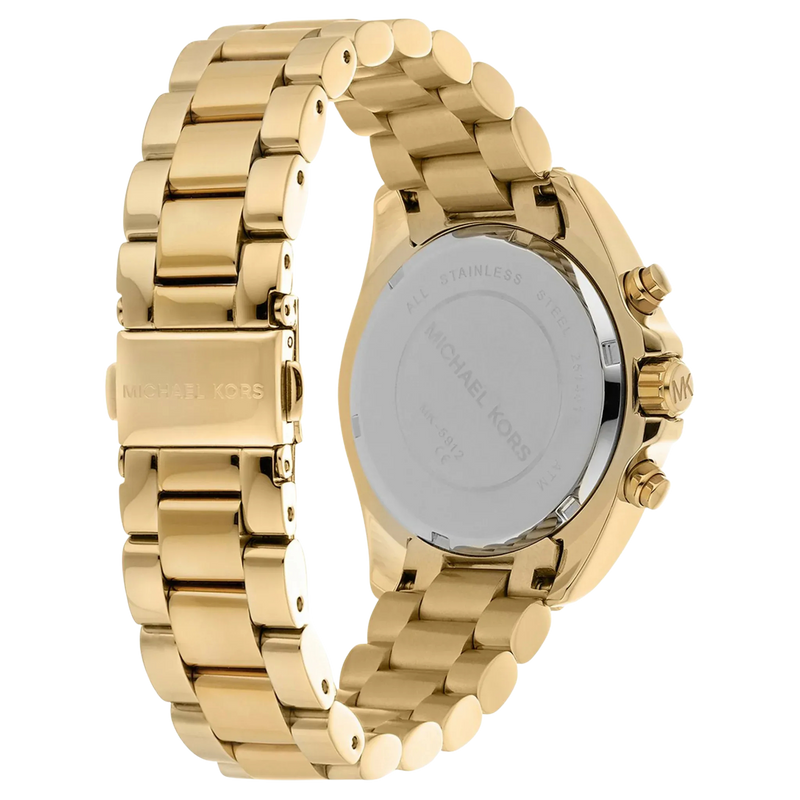 Rückseite der Michael Kors Bradshaw MK5605 Chronograph Damenuhr aus goldfarbenem Edelstahl mit Gehäuseboden