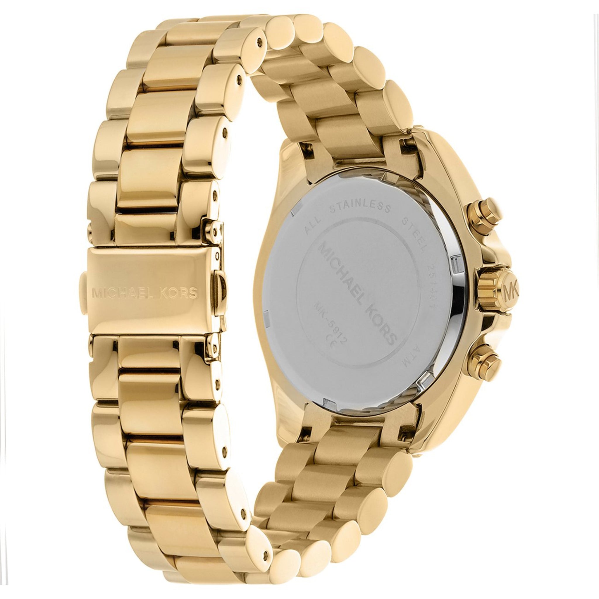 Rückseite der Michael Kors Bradshaw MK5605 Chronograph Damenuhr aus goldfarbenem Edelstahl mit Gehäuseboden