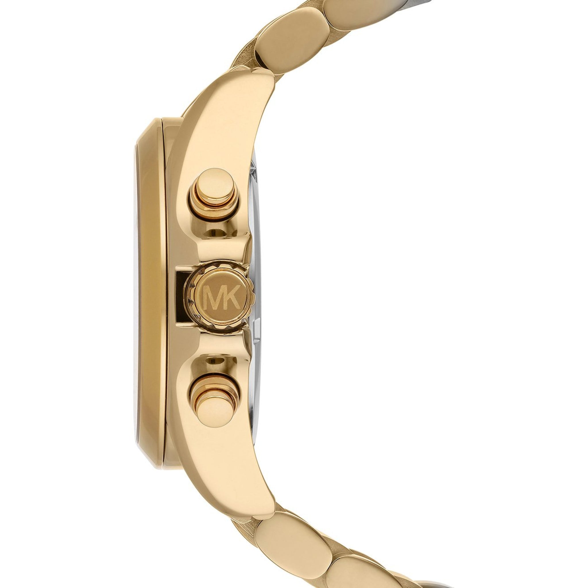 Seitenansicht der Michael Kors Bradshaw MK5605 Chronograph Damenuhr mit Edelstahlgehäuse und Chronograph-Drückern