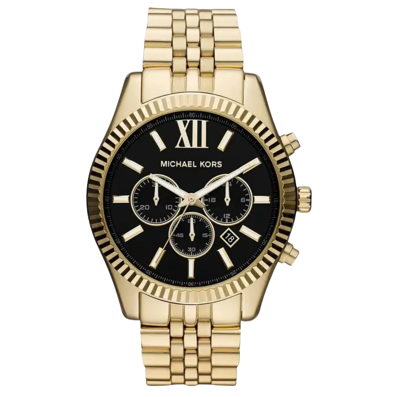 Michael Kors Chronograph Lexington MK8286 goldene Herrenuhr mit schwarzem Zifferblatt und Edelstahlarmband