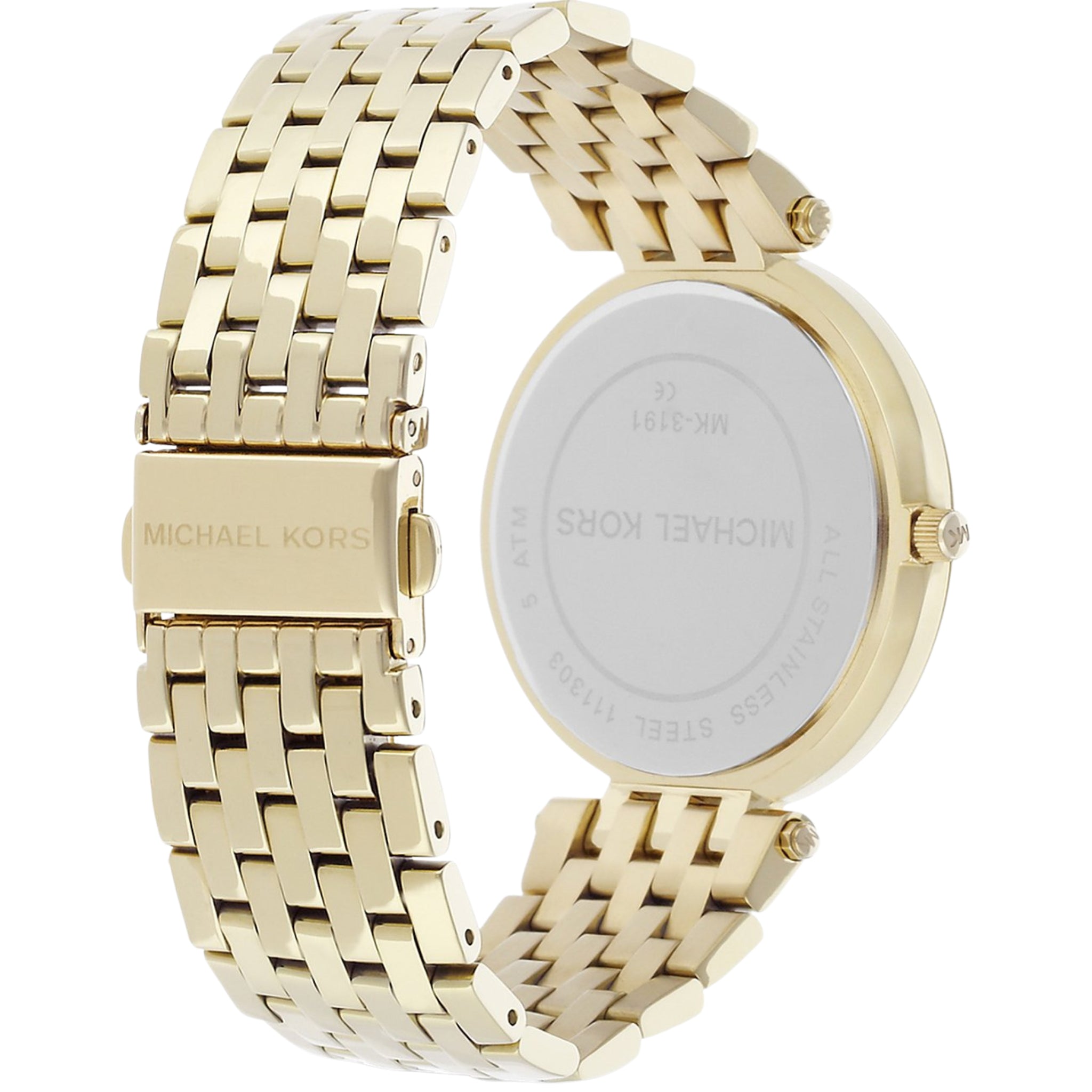 Rückseite der Michael Kors Darci MK3191 Damenarmbanduhr aus goldfarbenem Edelstahl mit Gehäuseboden