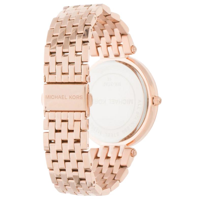 Rückseite der Michael Kors Darci MK3192 Damenuhr aus roségoldenem Edelstahl mit Gehäuseboden