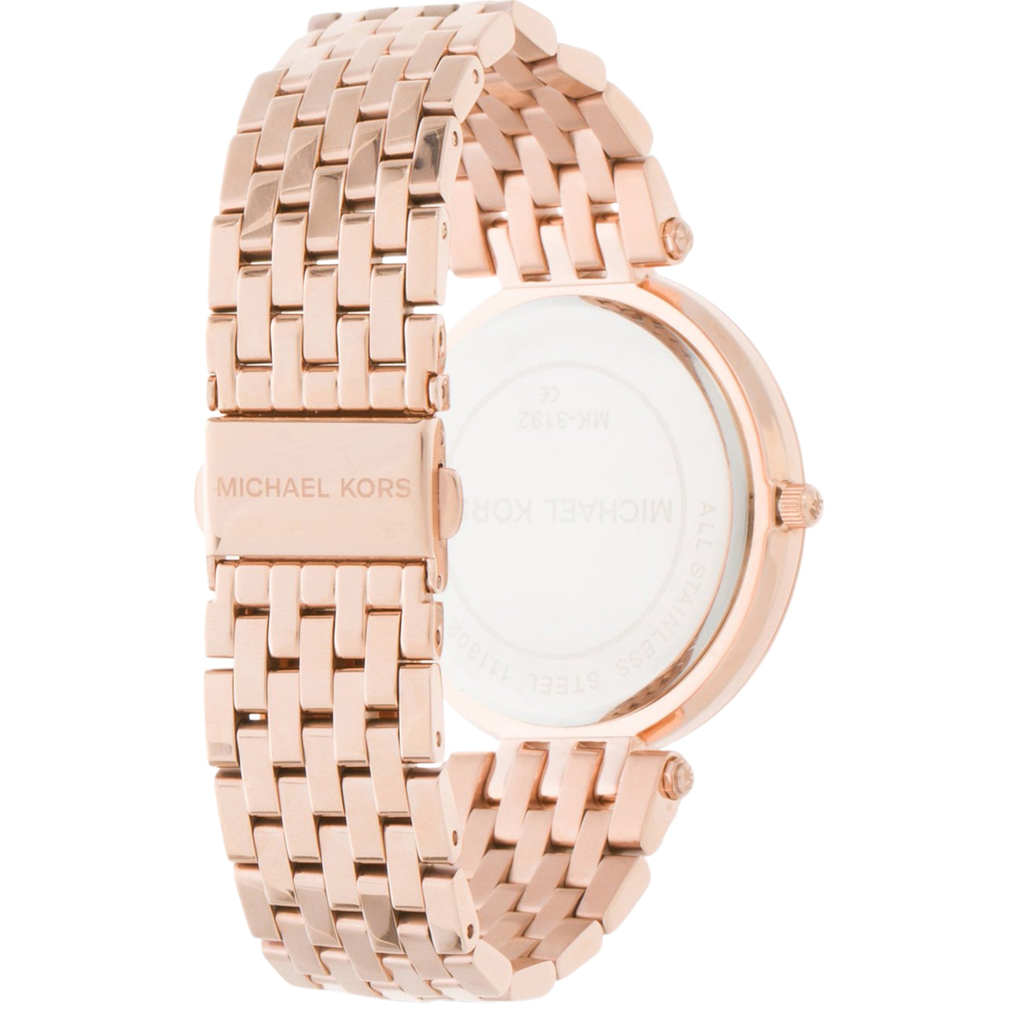 Rückseite der Michael Kors Darci MK3192 Damenuhr aus roségoldenem Edelstahl mit Gehäuseboden