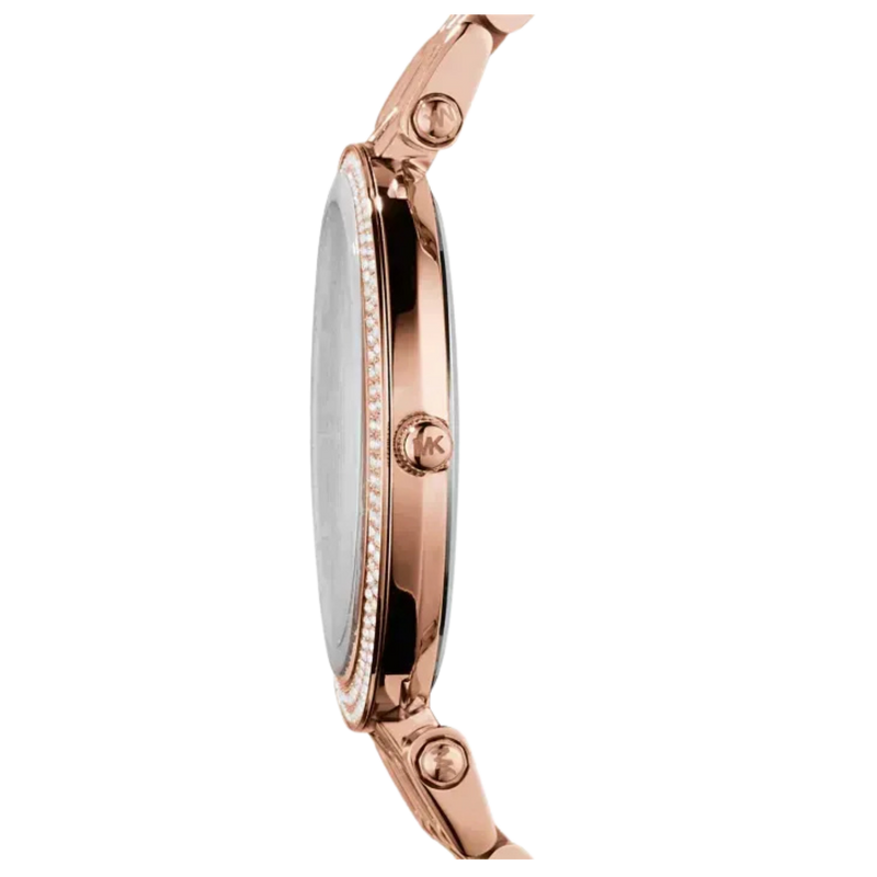 Seitenansicht der Michael Kors Darci MK3192 Damenuhr mit roségoldenem Edelstahlarmband