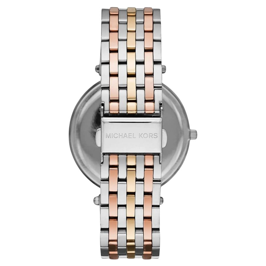 Rückseite der Michael Kors Darci MK3203 Damenuhr aus bicolorfarbenem Edelstahl mit Gehäuseboden