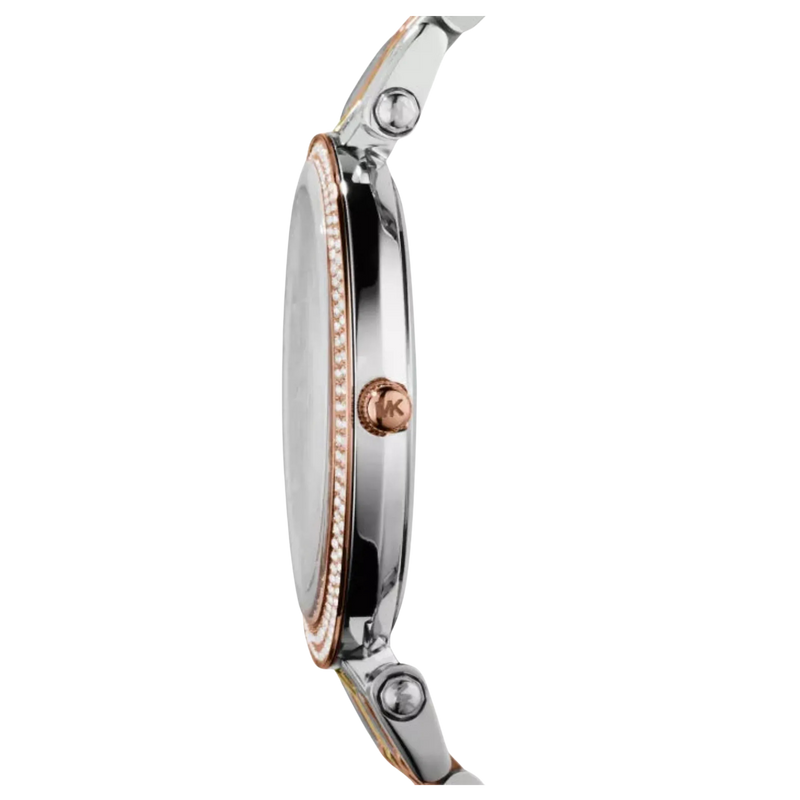 Seitenansicht des Edelstahlarmbands der Michael Kors Darci MK3203 Damenuhr in Gold Silber