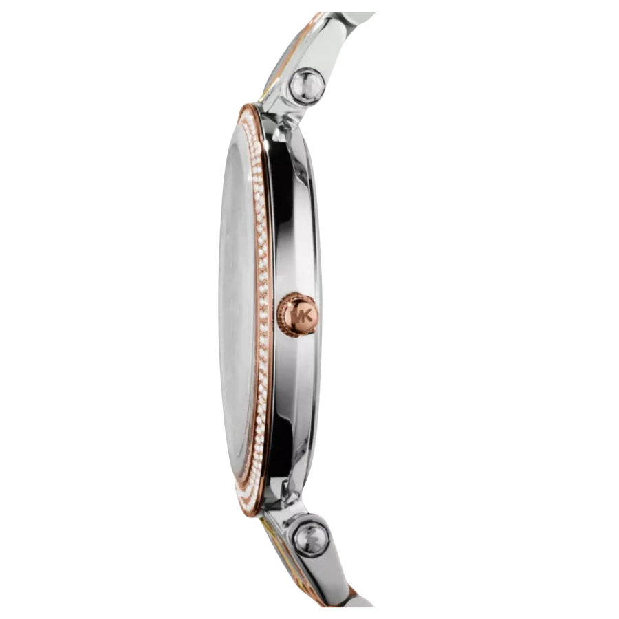 Seitenansicht des Edelstahlarmbands der Michael Kors Darci MK3203 Damenuhr in Gold Silber