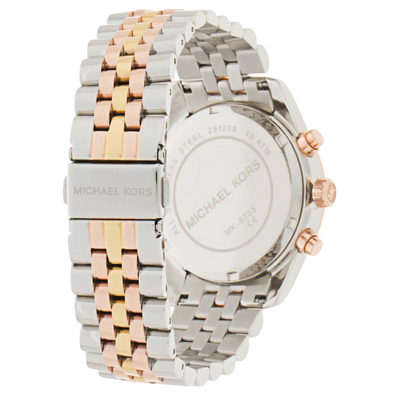 Rückseite der Michael Kors Chronograph Lexington MK5735 Damenuhr aus bicolorfarbenem Edelstahl mit Gehäuseboden