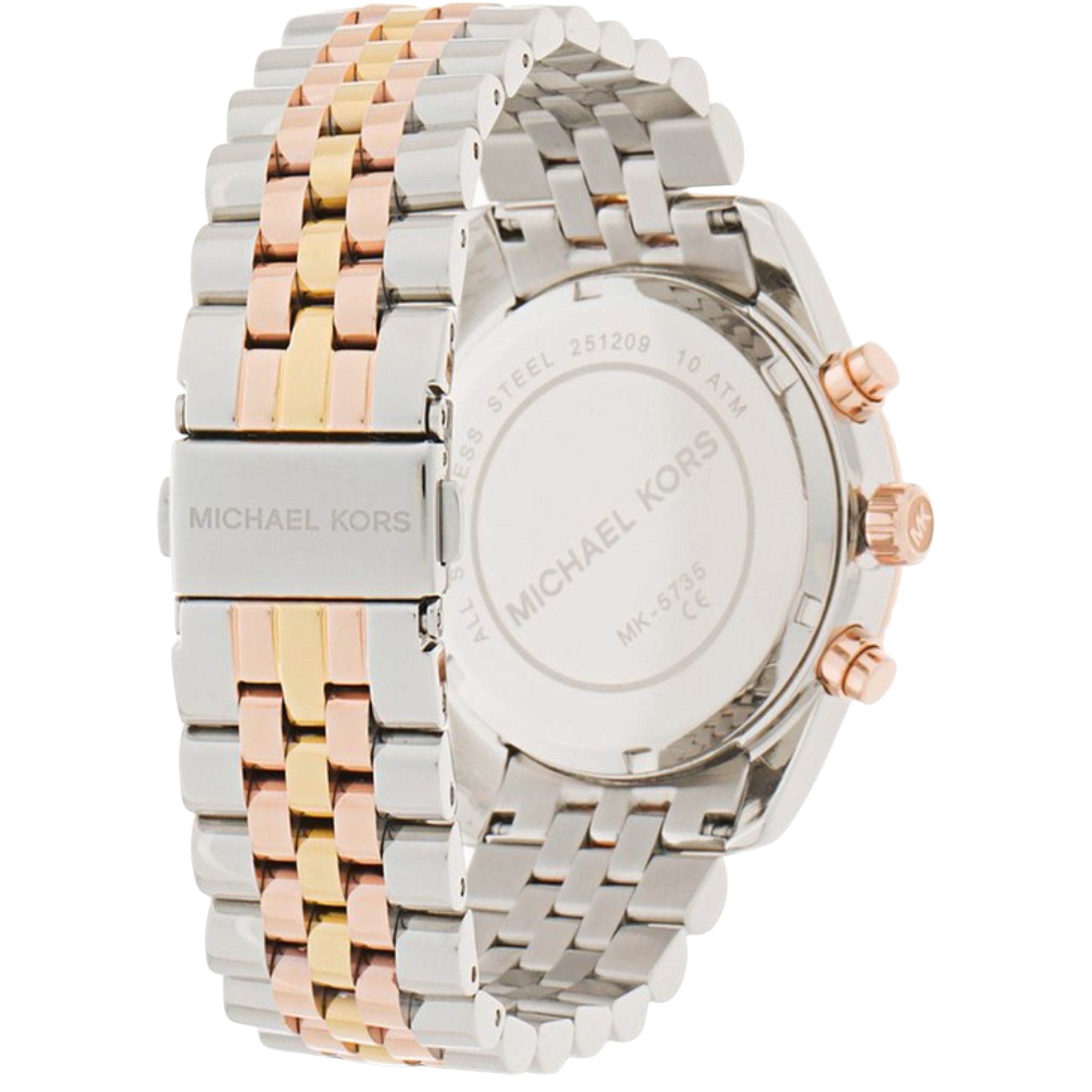 Rückseite der Michael Kors Chronograph Lexington MK5735 Damenuhr aus bicolorfarbenem Edelstahl mit Gehäuseboden